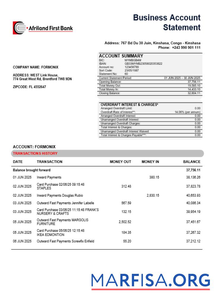 Realistic Congo Afriland First Bank business firm account bank statement Word and PDF format sample